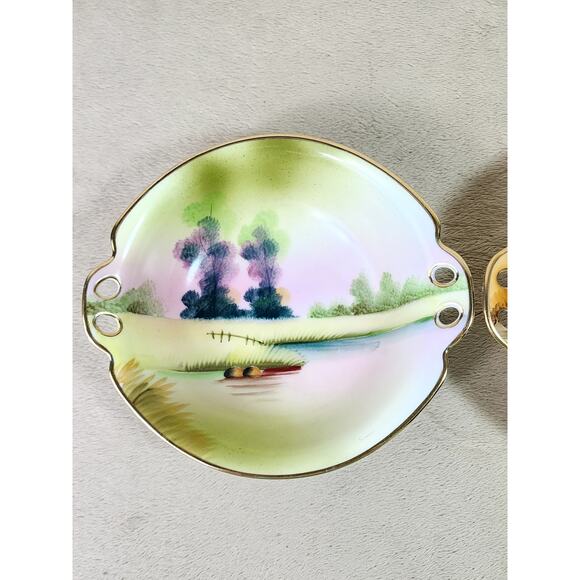 Rare Meito China Bowl Dish 7" Hand Painted Gold Trim Double Handle 1930 Japan - Picture 3 of 15